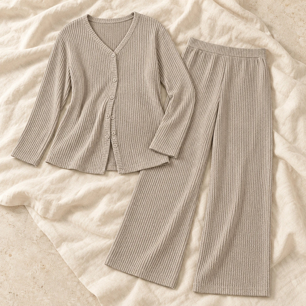 Knitted Maternity Top & Trouser Lounge Set — khaki, product on cream linen