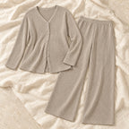 Knitted Maternity Top & Trouser Lounge Set — khaki, product on cream linen
