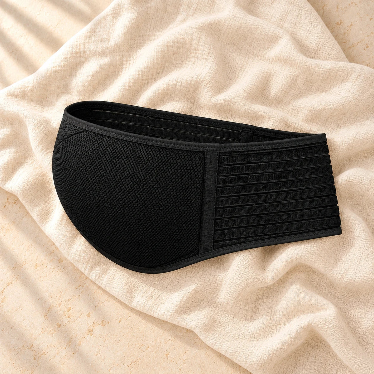 Adjustable Prenatal Belly Support Belt, BLACK, on cream linen