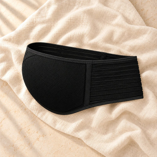 Adjustable Prenatal Belly Support Belt, BLACK, on cream linen