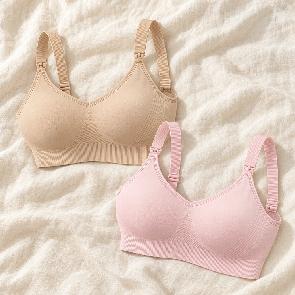 Wireless Clip-Down Nursing Bra — Single & Two-Packs — 2 bras — Beige + Pink, photographed on cream linen
