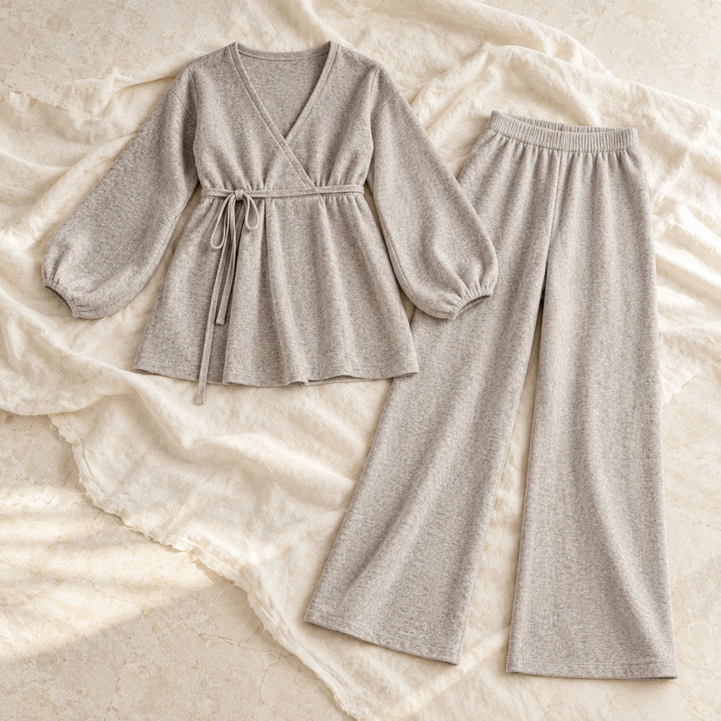Long-Sleeve Maternity Knit Two-Piece Set — Grey, product on cream linen