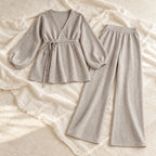 Long-Sleeve Maternity Knit Two-Piece Set — Grey, product on cream linen