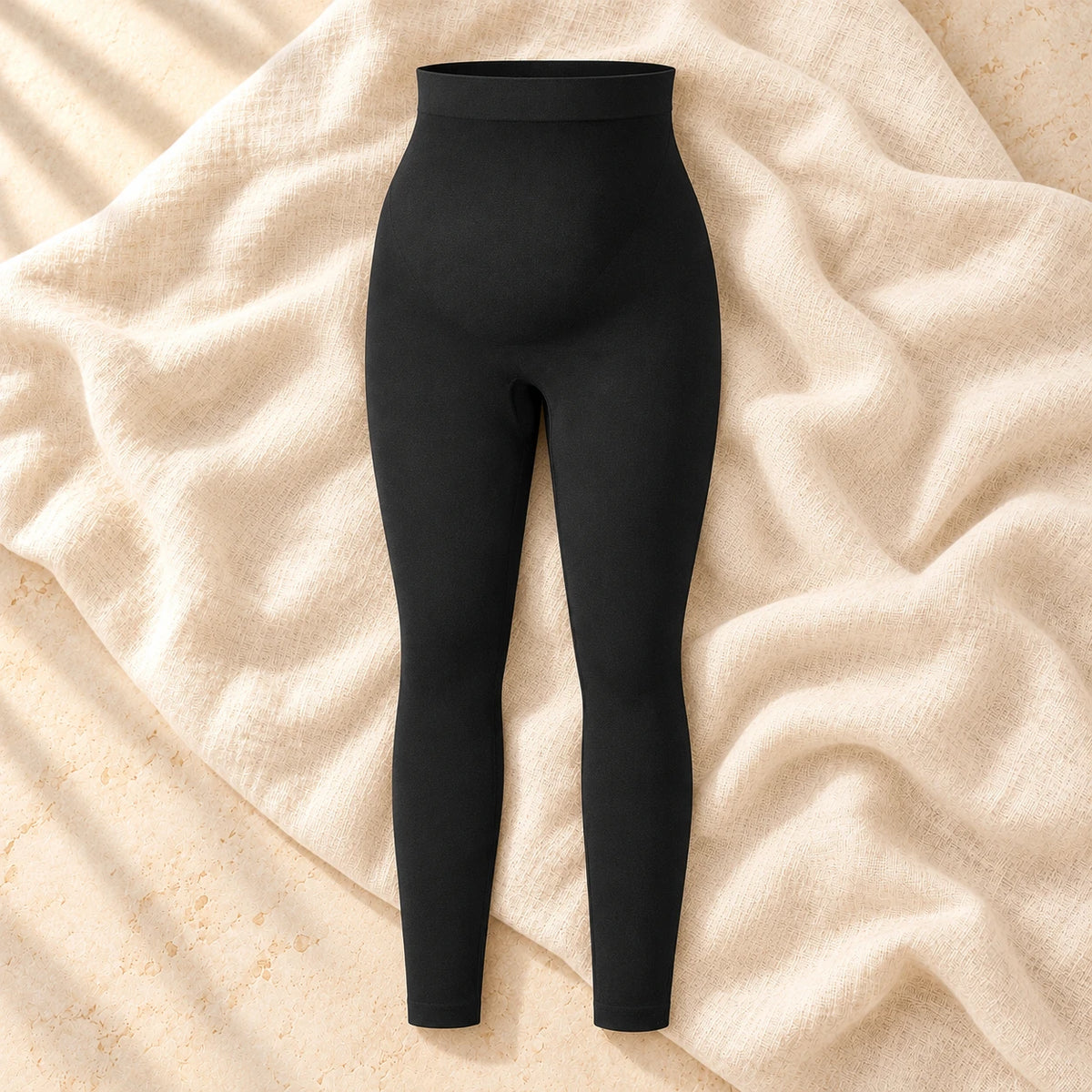 High-Waist Maternity Leggings, Black, on warm cream linen