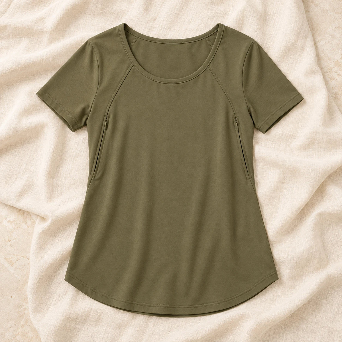 Stretch Zip-Access Nursing T-Shirt — army green, product on cream linen
