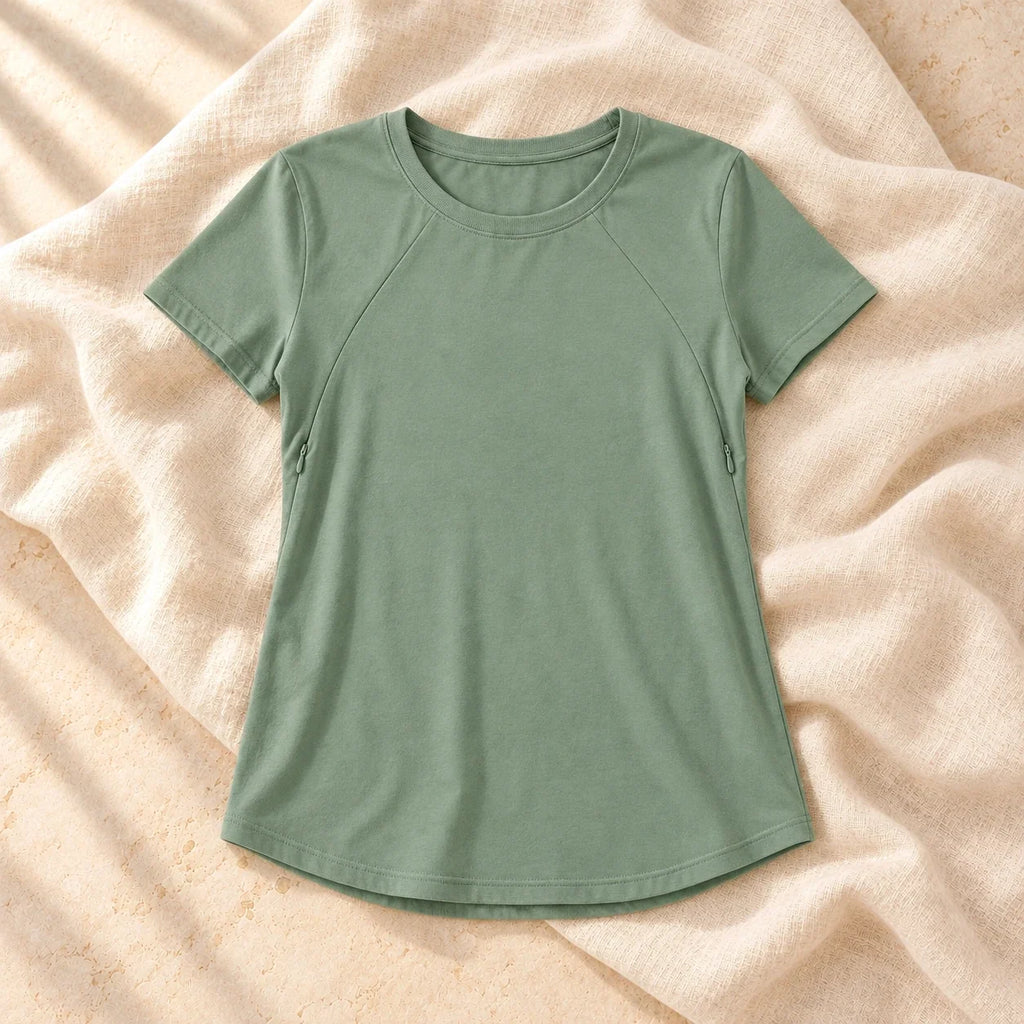 Stretch Zip-Access Nursing T-Shirt, green, product on cream linen