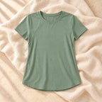 Stretch Zip-Access Nursing T-Shirt, green, product on cream linen