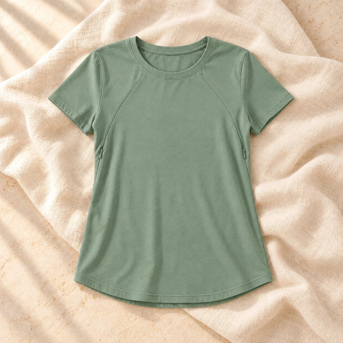 Stretch Zip-Access Nursing T-Shirt, green, product on cream linen
