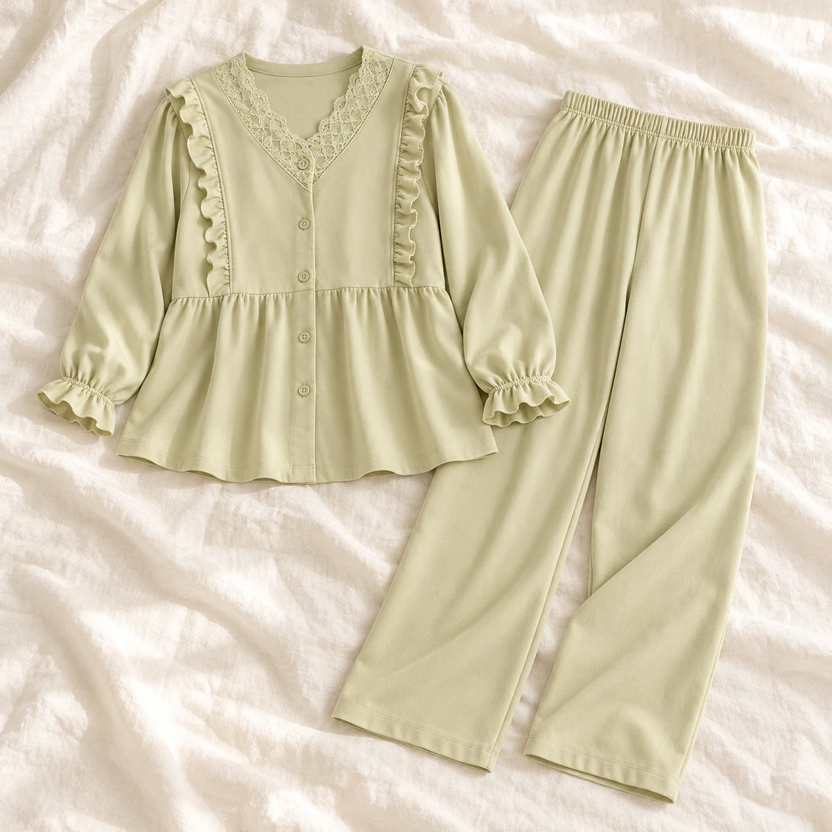 Long-Sleeve Maternity Pyjama Set — A02-77444 — product set on cream linen