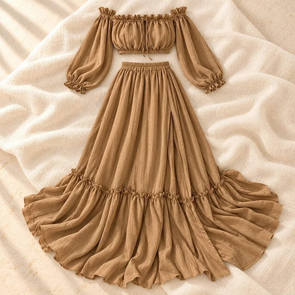 Bohemian Long-Sleeve Maternity Photoshoot Outfit, camel, product on cream linen