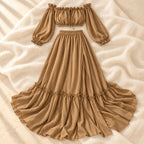Bohemian Long-Sleeve Maternity Photoshoot Outfit, camel, product on cream linen