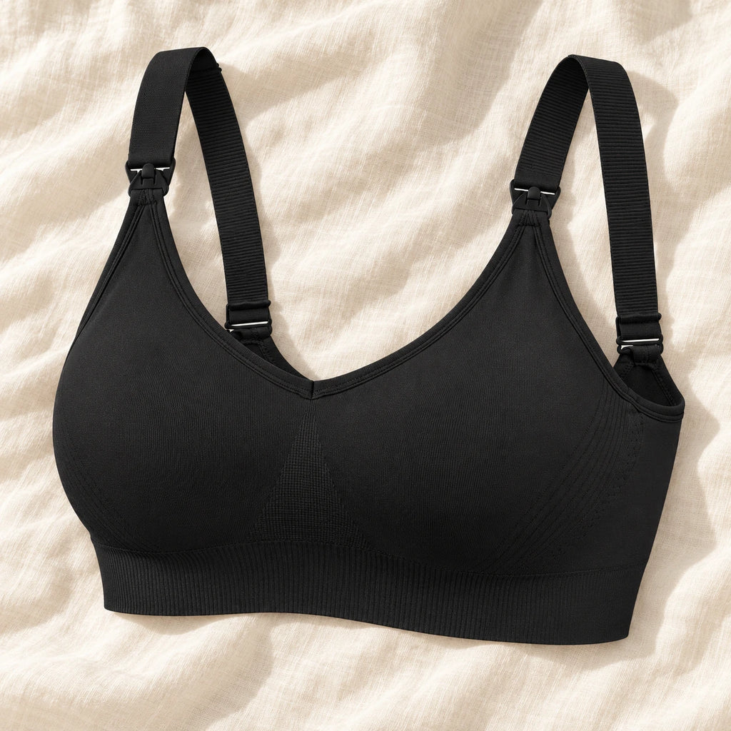 Wireless Clip-Down Nursing Bra — Single & Two-Packs — 1 bra — Black, photographed on cream linen