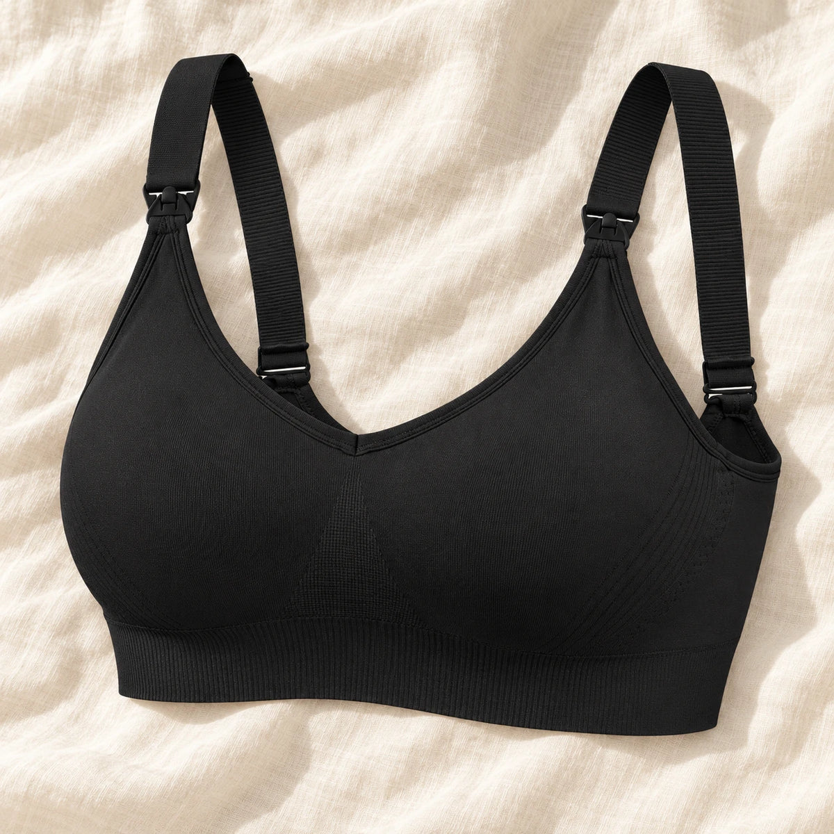 Wireless Clip-Down Nursing Bra — Single & Two-Packs — 1 bra — Black, photographed on cream linen