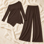 Asymmetric Maternity Top & Trouser Set — Dark Brown, product on cream linen