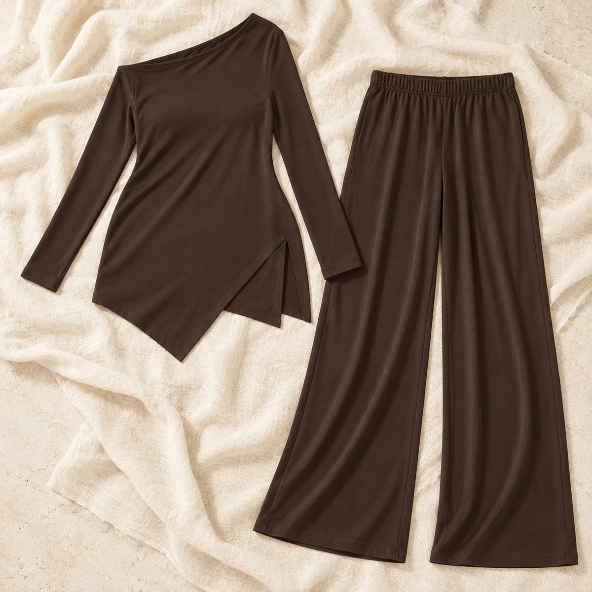 Asymmetric Maternity Top & Trouser Set — Dark Brown, product on cream linen