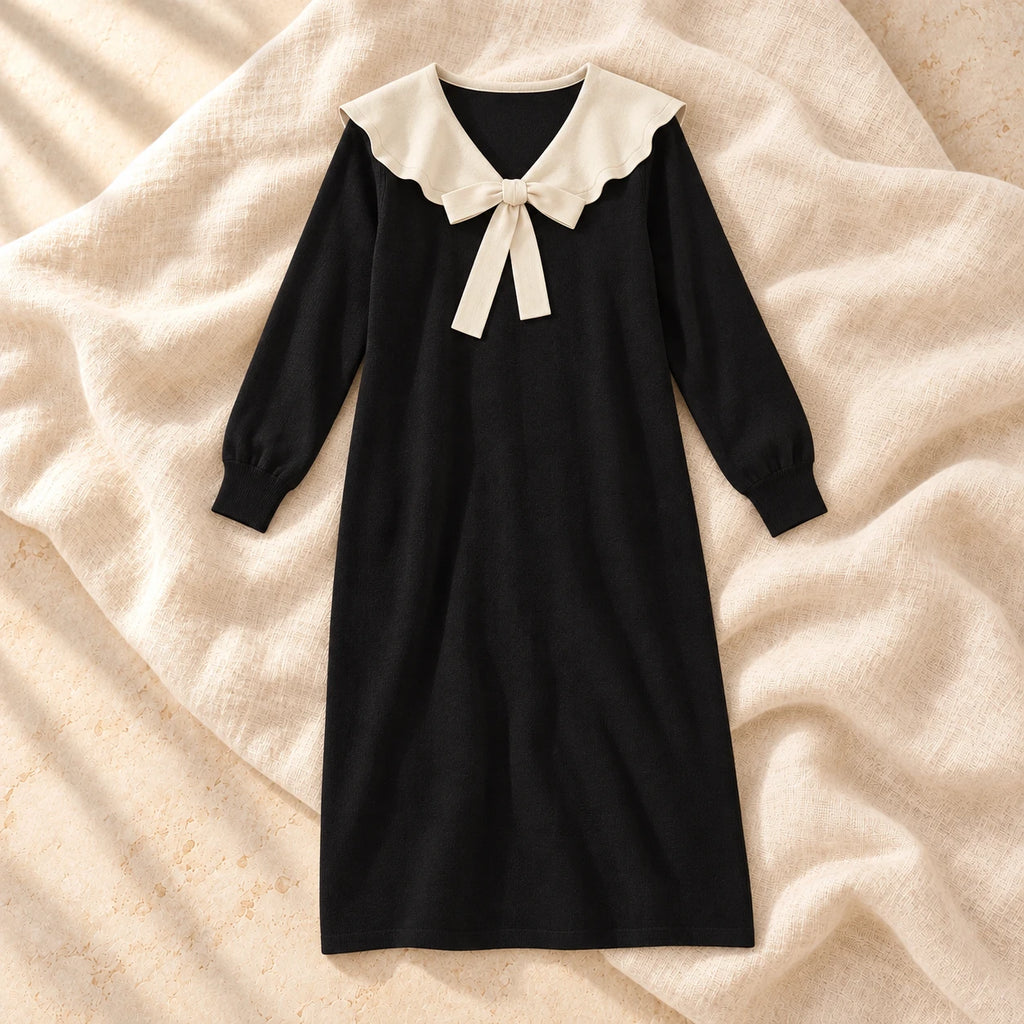 Bow-Detail Long-Sleeve Maternity Knit Dress, Standard — no nursing zip, on warm cream linen
