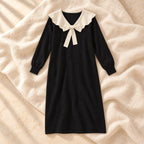 Bow-Detail Long-Sleeve Maternity Knit Dress, Standard — no nursing zip, on warm cream linen