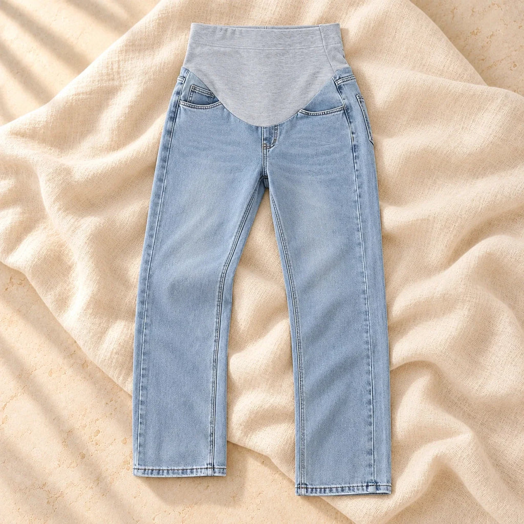 Adjustable-Waist Wide-Leg Maternity Jeans, Light Blue, on cream linen