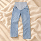 Adjustable-Waist Wide-Leg Maternity Jeans, Light Blue, on cream linen
