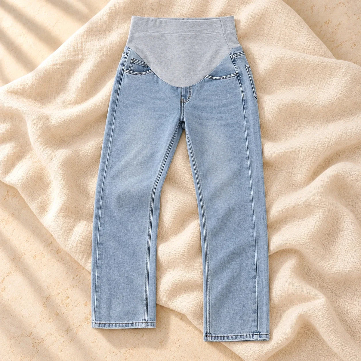 Adjustable-Waist Wide-Leg Maternity Jeans, Light Blue, on cream linen