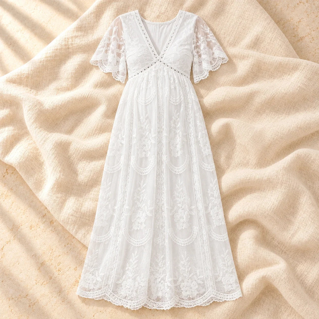 Off-Shoulder Maxi Maternity Photoshoot Gown, WHITE, on cream linen