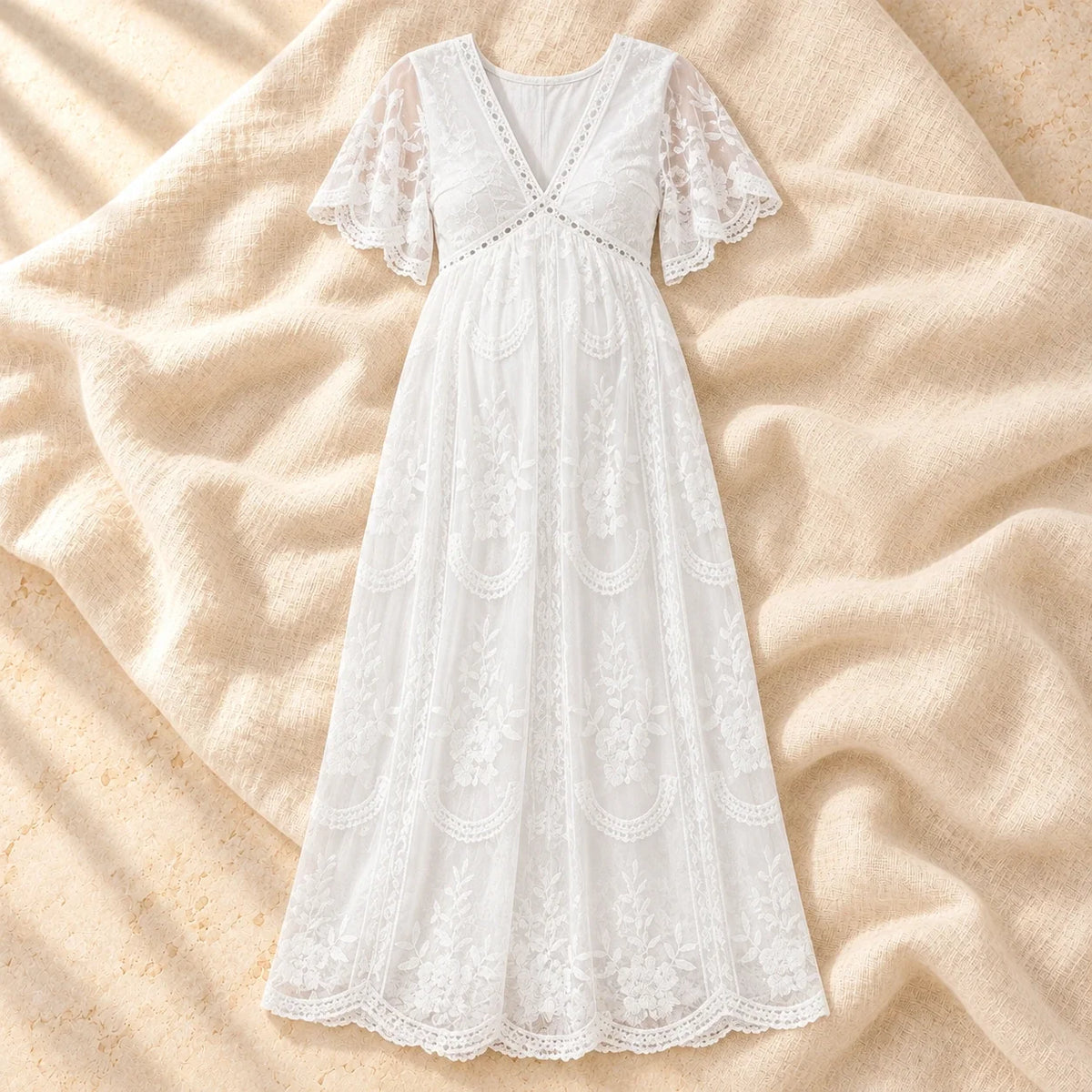 Off-Shoulder Maxi Maternity Photoshoot Gown, WHITE, on cream linen