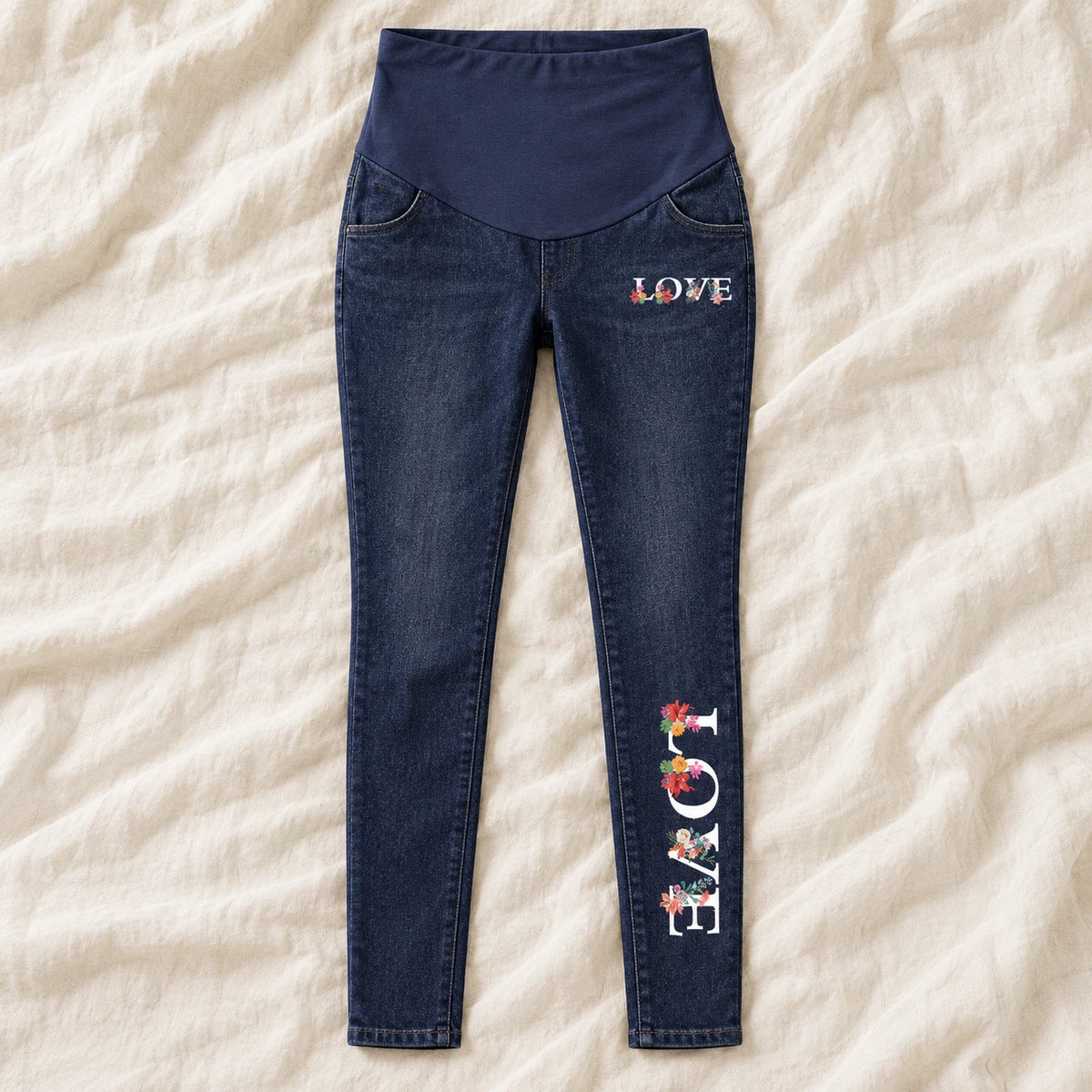 Tots & Moms maternity jeans — Indigo — Floral Love, product view