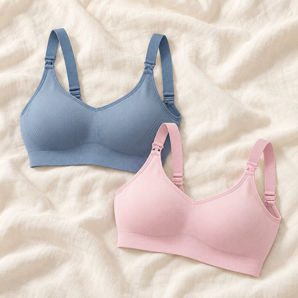 Wireless Clip-Down Nursing Bra — Single & Two-Packs — 2 bras — Pink + Blue, photographed on cream linen