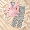 Two-Piece Maternity Nursing Lounge Set, Pink Gray, on warm cream linen