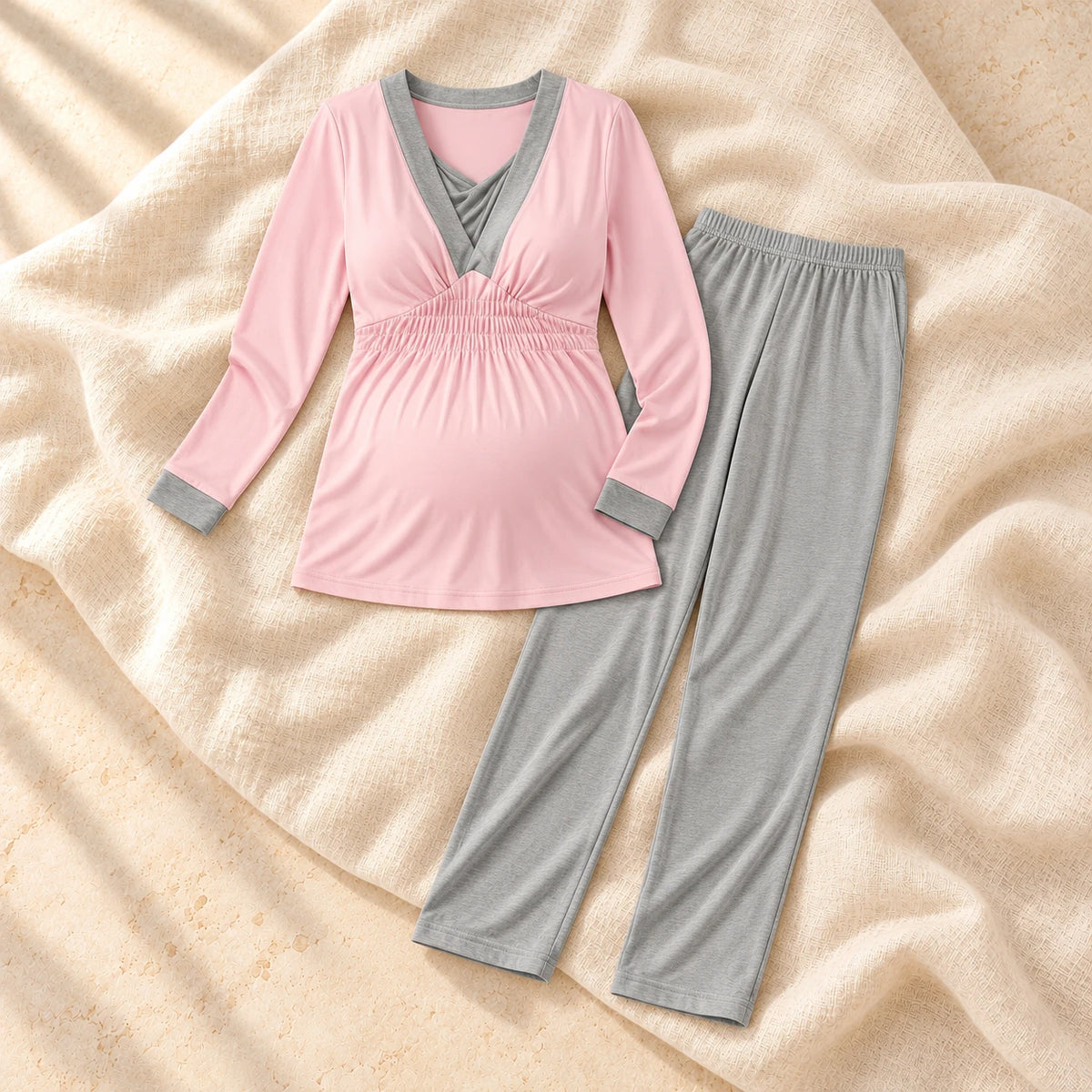 Two-Piece Maternity Nursing Lounge Set, Pink Gray, on warm cream linen