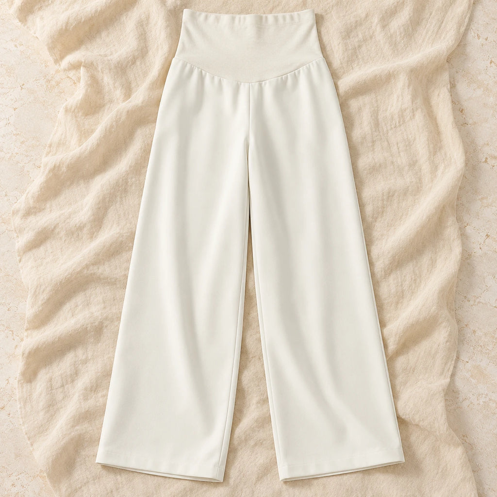 Relaxed Wide-Leg Maternity Trousers — White — Spring, product on cream linen