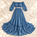 Tots & Moms bohemian maternity portrait outfit — Lake blue — complete two-piece on cream linen