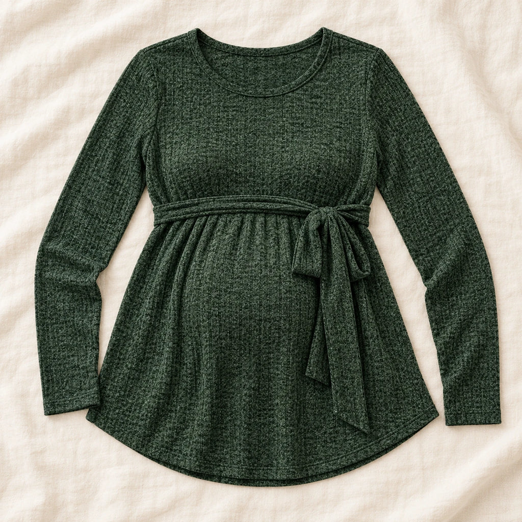 Tie-Waist Long-Sleeve Maternity Tunic — Forest Green — product detail