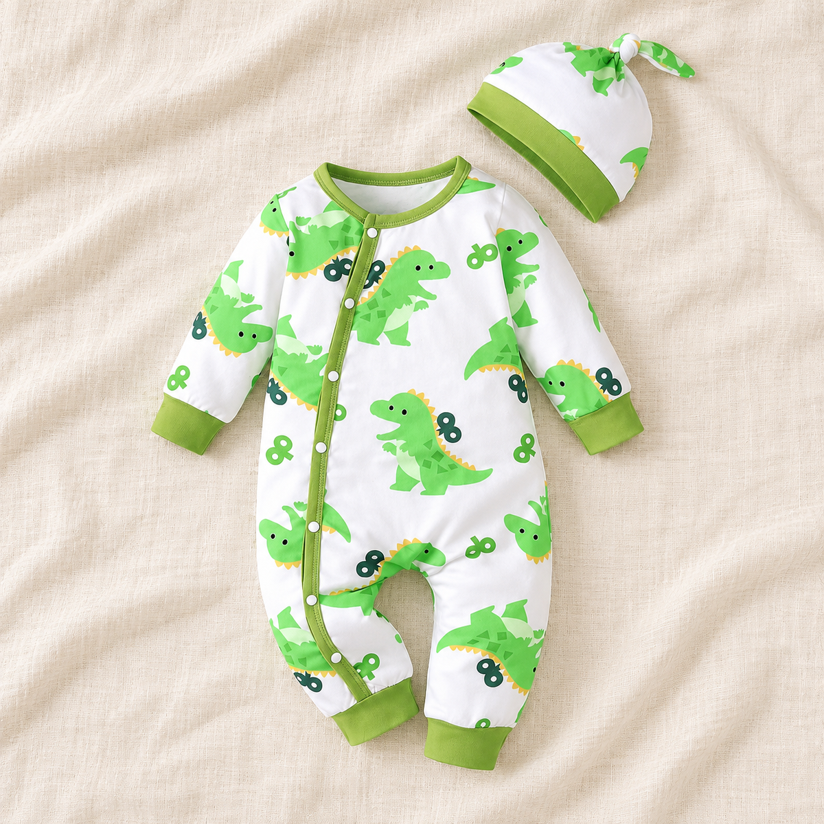 The Little Prints Baby Outfit Edit — Lime Dinosaur baby outfit in boutique studio photograph