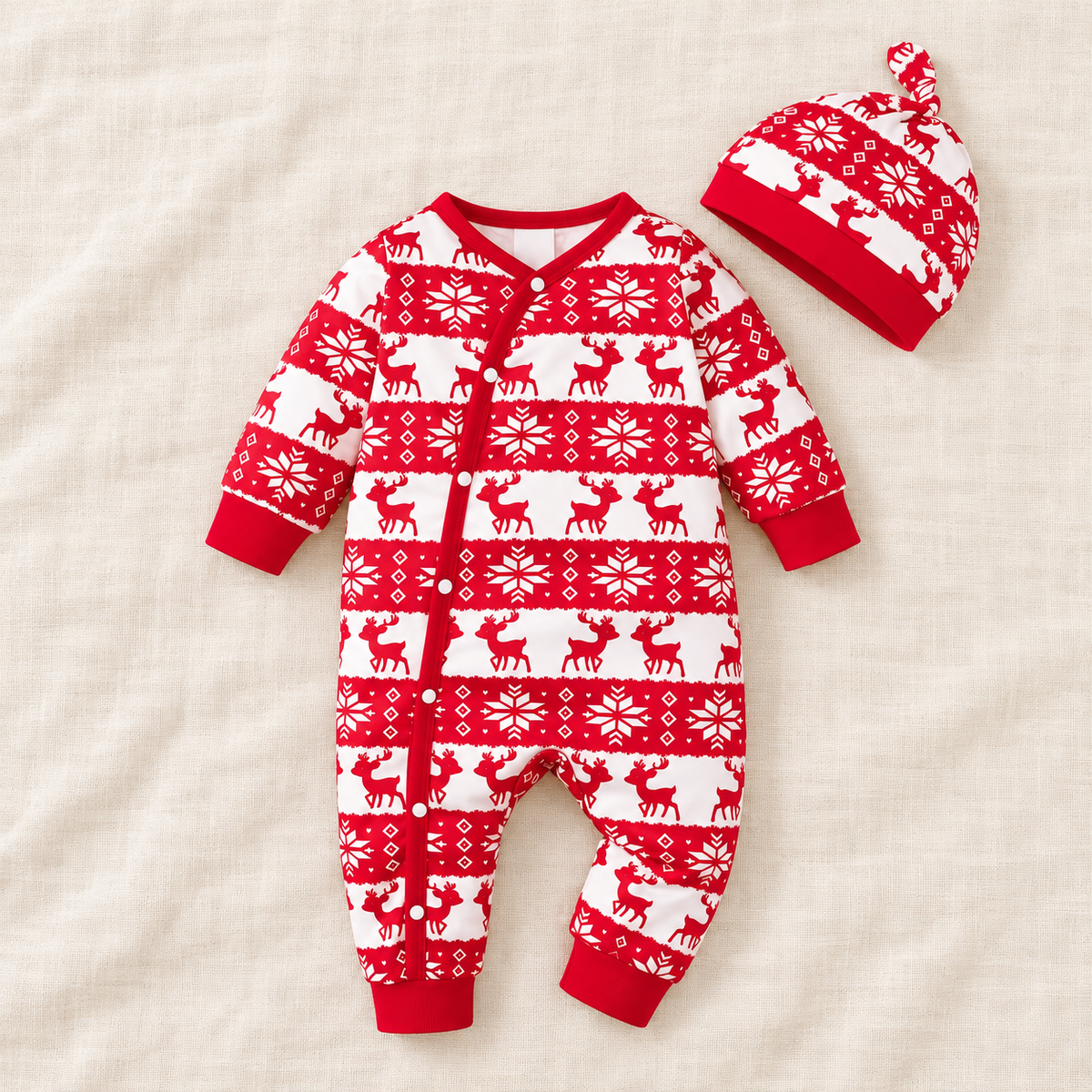The Little Prints Baby Outfit Edit — Red Reindeer baby outfit in boutique studio photograph