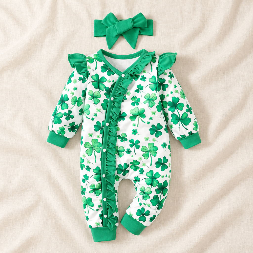 The Little Prints Baby Outfit Edit — Green Clover baby outfit in boutique studio photograph