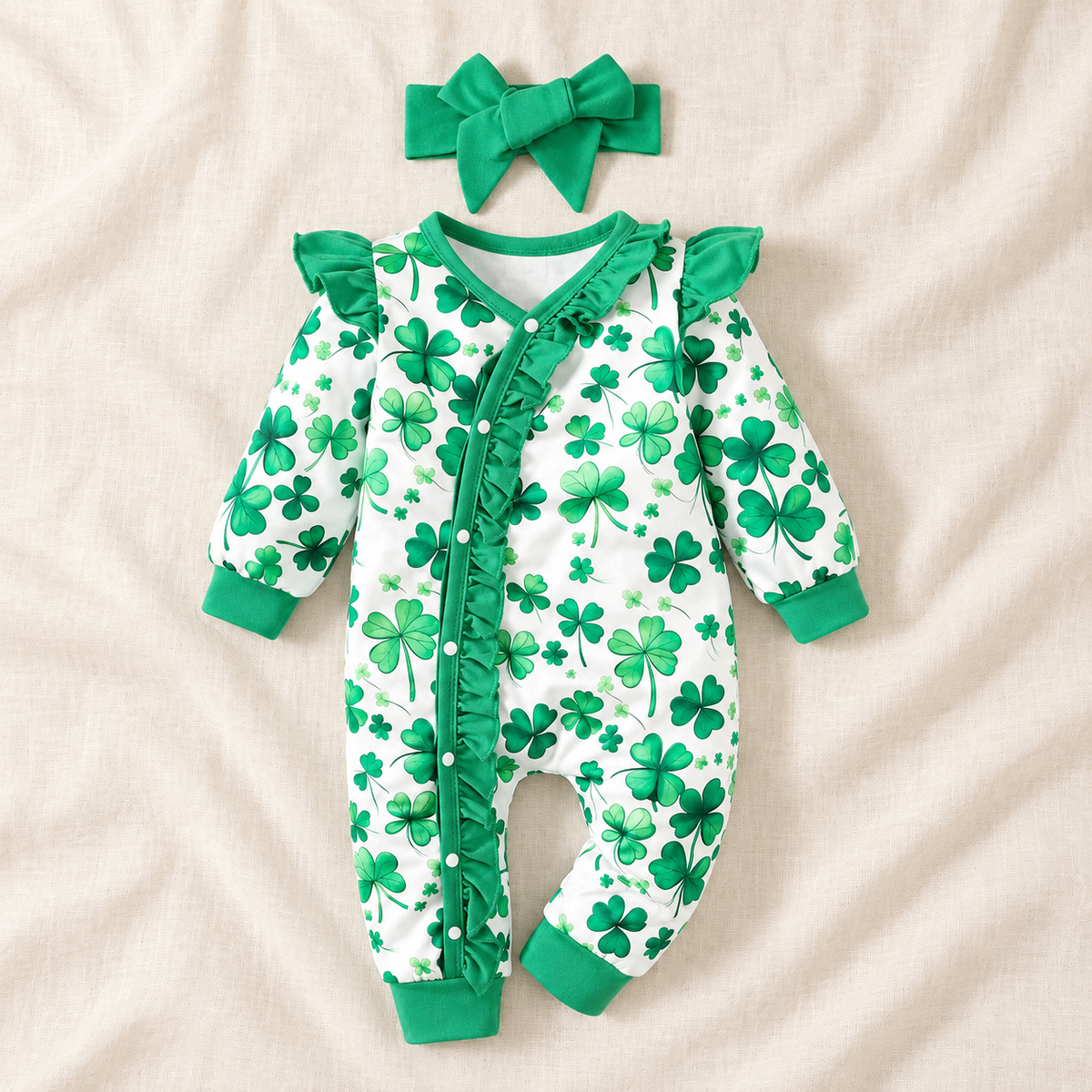 The Little Prints Baby Outfit Edit — Green Clover baby outfit in boutique studio photograph