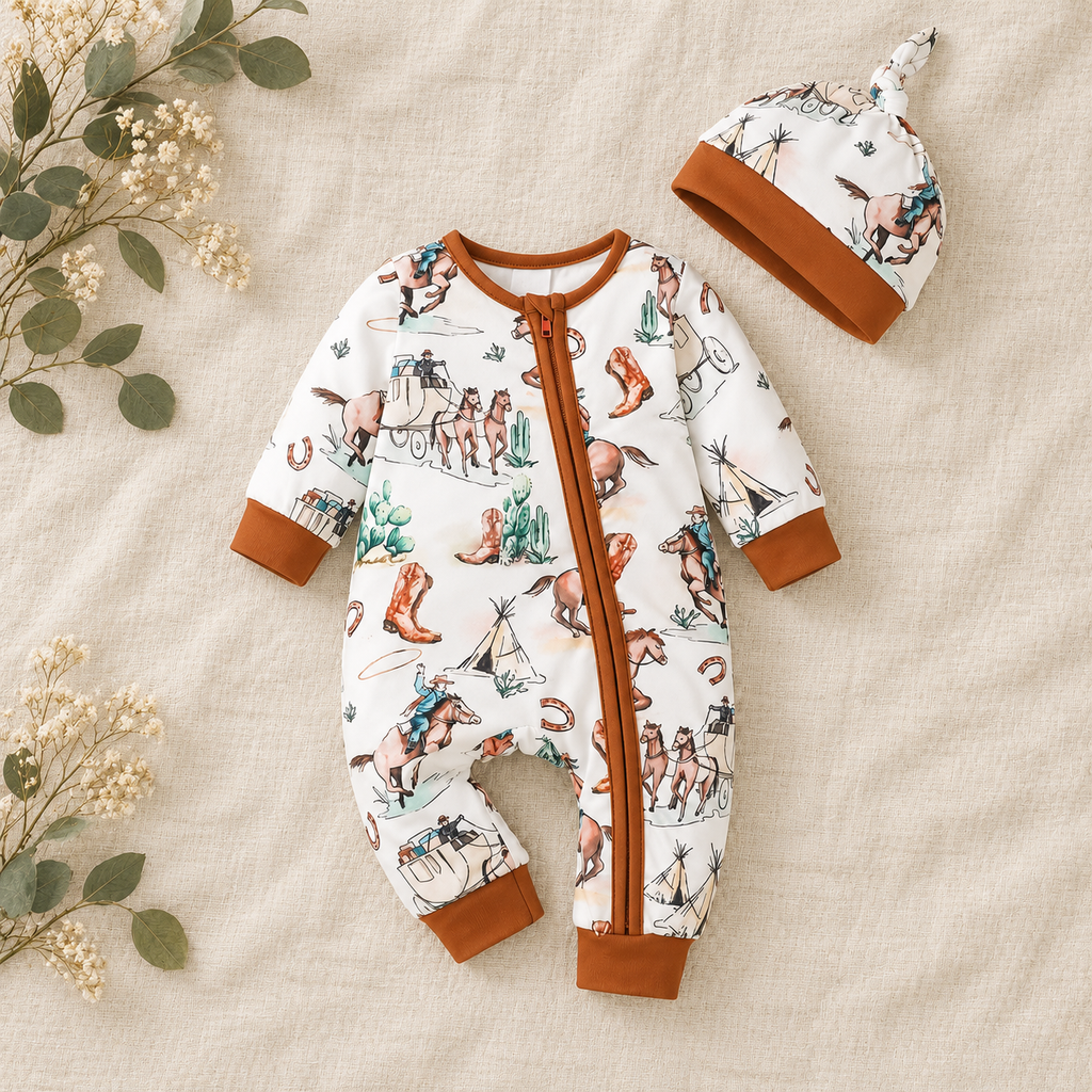 The Little Prints Baby Outfit Edit — Western Trail baby outfit in boutique studio photograph