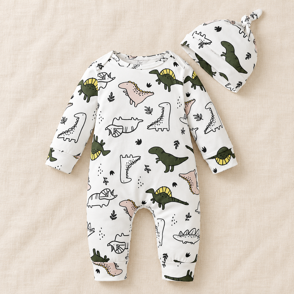The Little Prints Baby Outfit Edit — Dinosaur Sketch baby outfit in boutique studio photograph