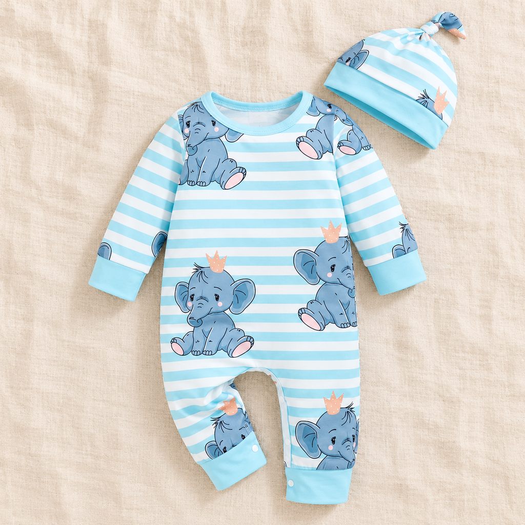 The Little Prints Baby Outfit Edit — Blue Elephant baby outfit in boutique studio photograph
