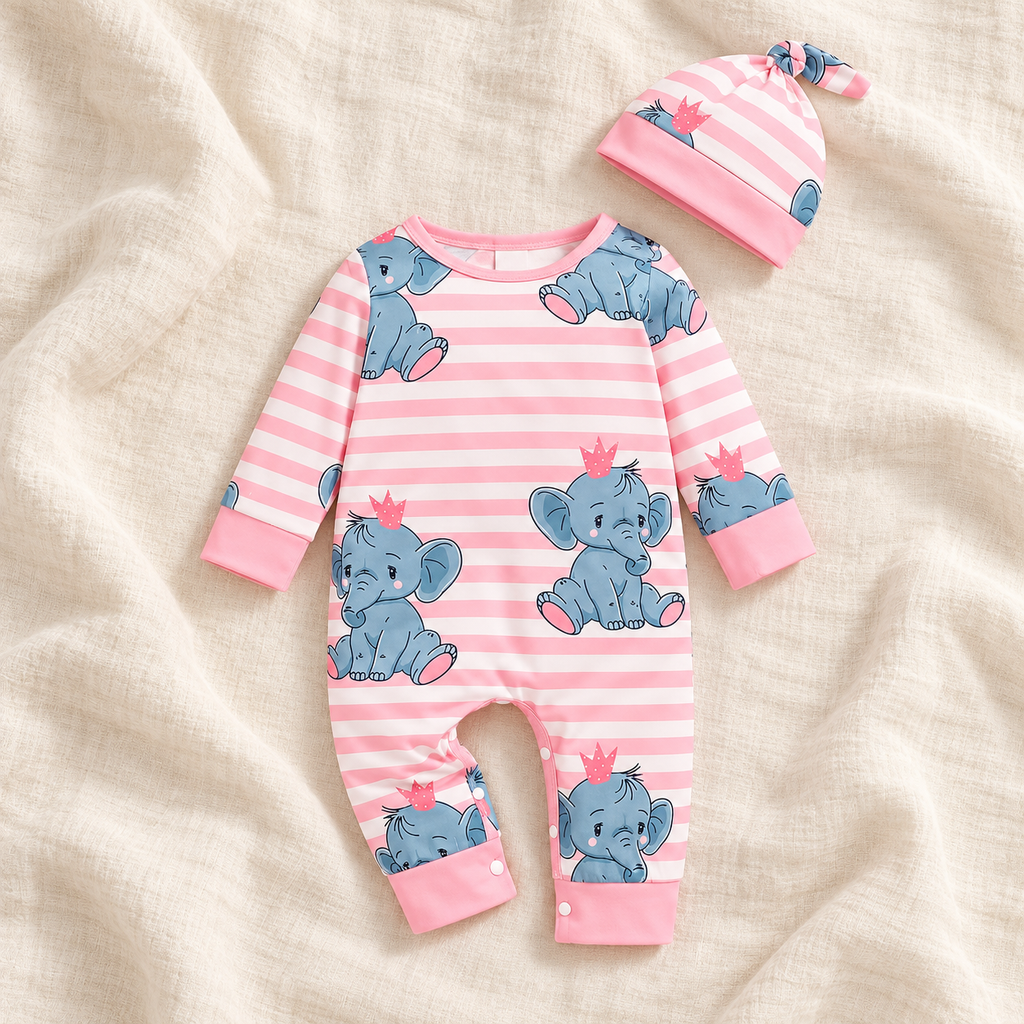The Little Prints Baby Outfit Edit — Pink Elephant baby outfit in boutique studio photograph