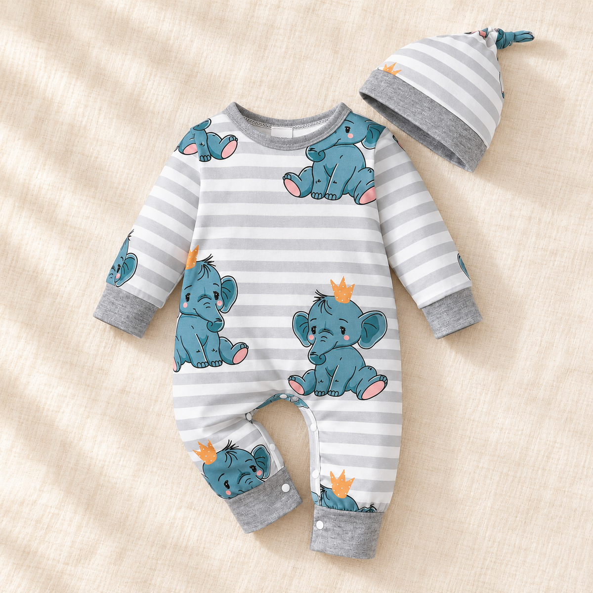 The Little Prints Baby Outfit Edit — Gray Elephant baby outfit in boutique studio photograph