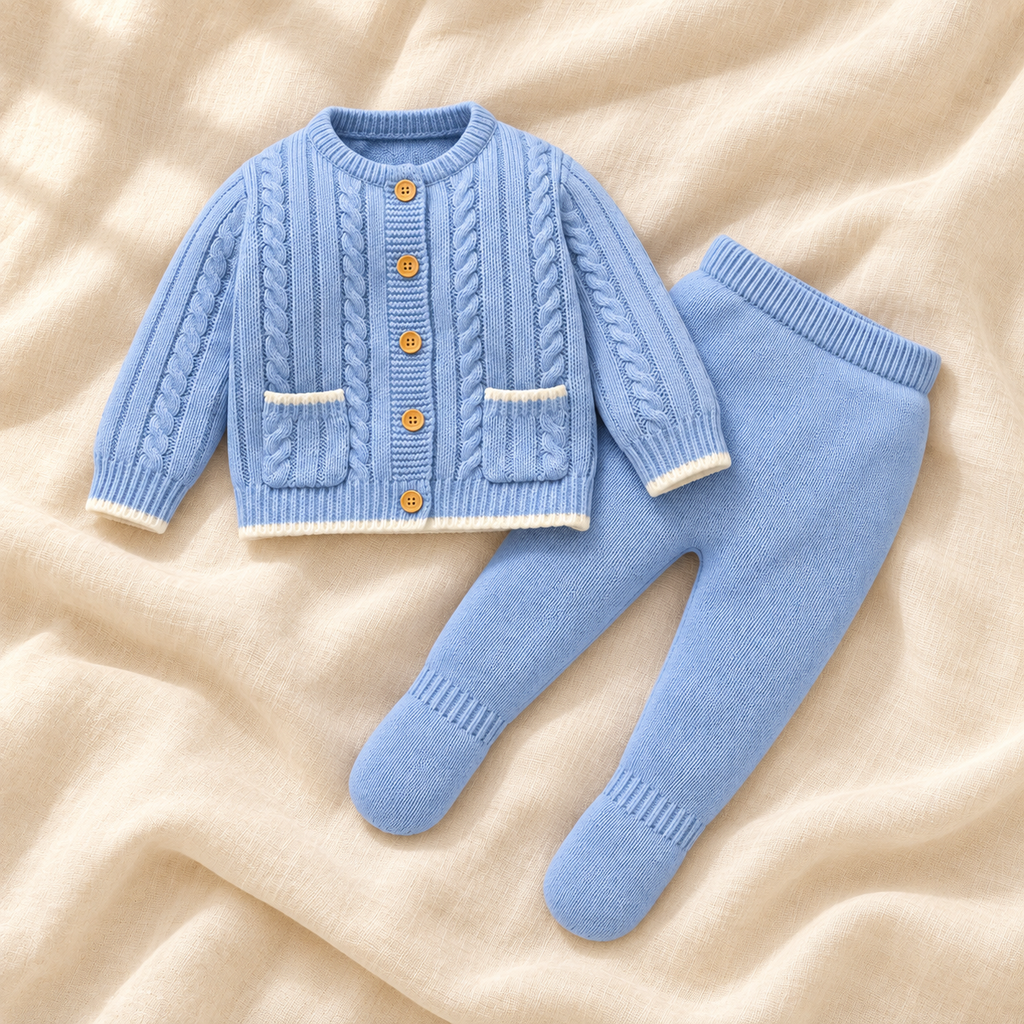 Powder blue cable-knit cardigan and footed trousers on warm ivory linen