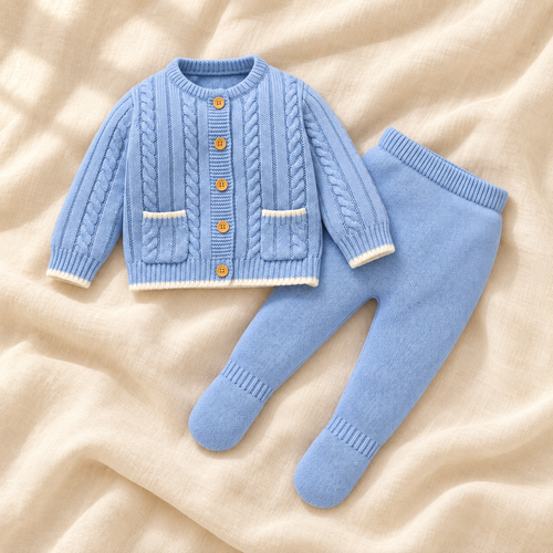 Powder blue cable-knit cardigan and footed trousers on warm ivory linen
