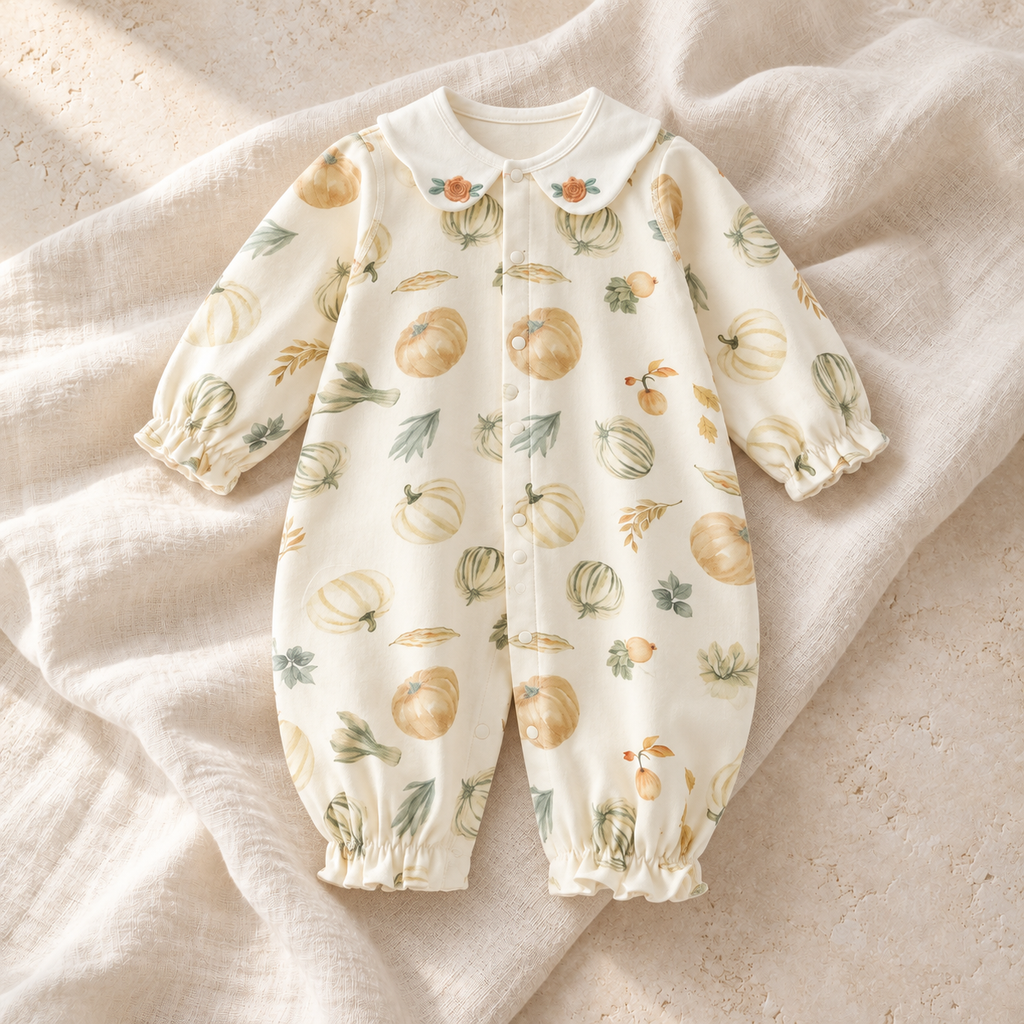 Cream botanical baby romper with yellow fruit print on ivory linen