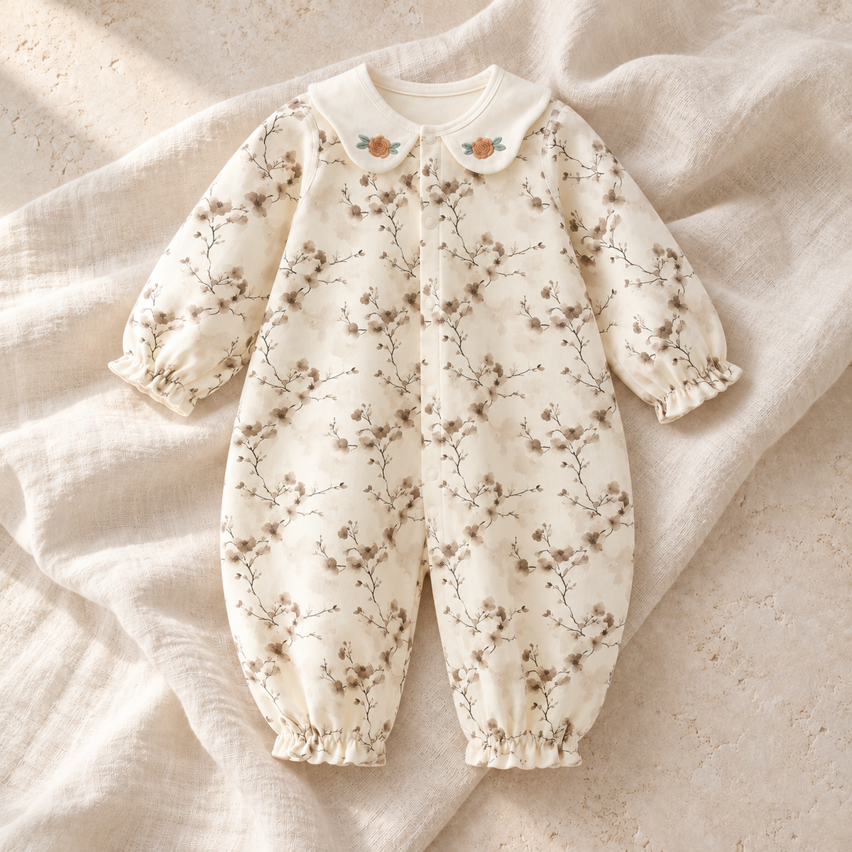 Cream botanical baby romper with delicate brown sprig print on ivory linen