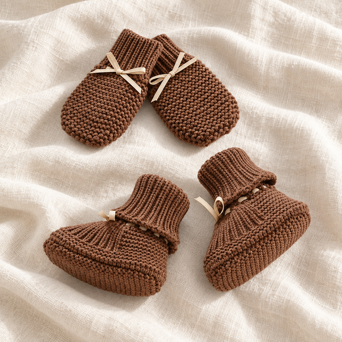 Cocoa brown knitted baby booties and mittens, Style 01, on ivory linen