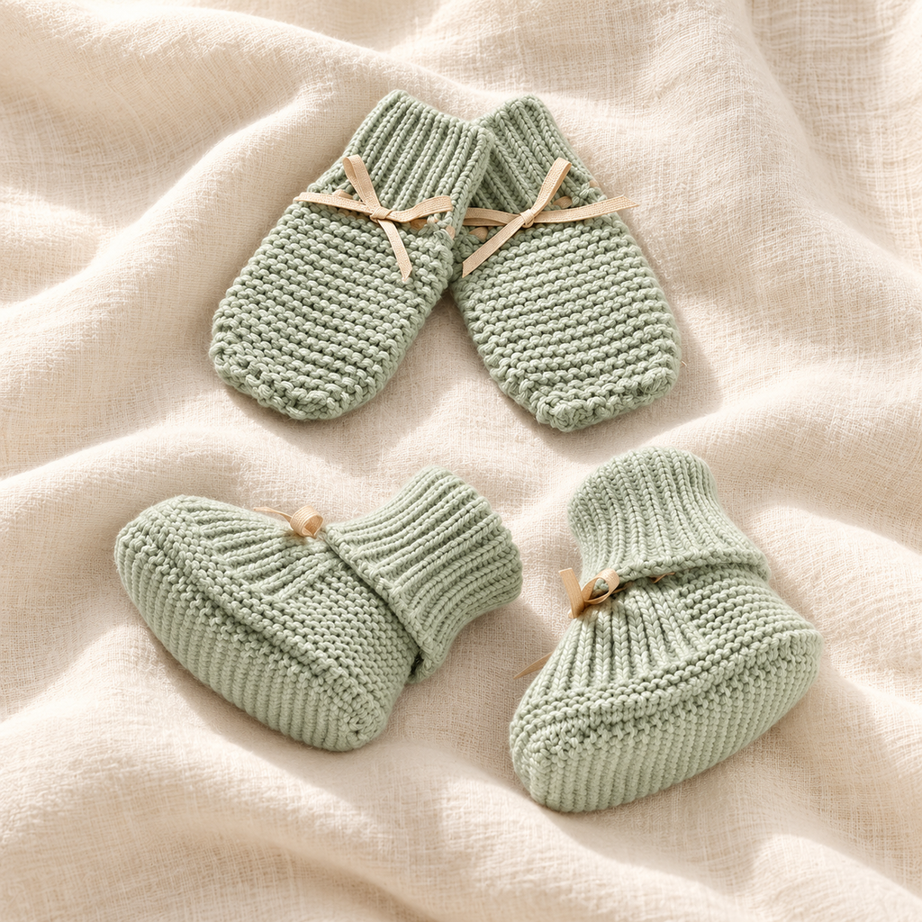 Knitted baby booties and mittens, Style 02, on ivory linen