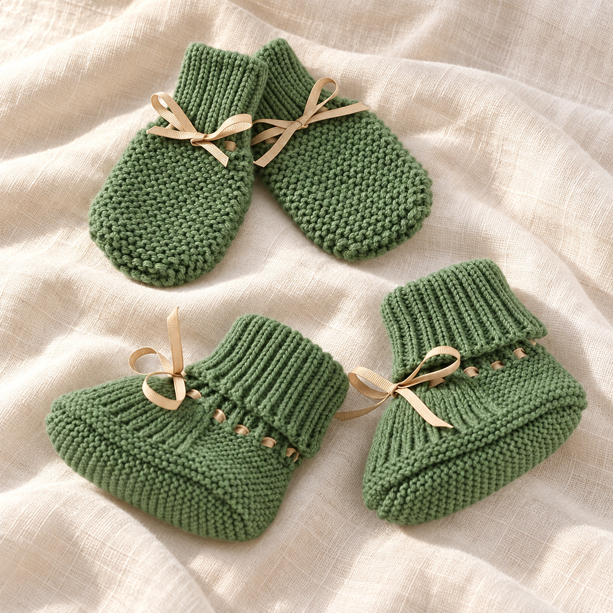 Knitted baby booties and mittens, Style 03, on ivory linen