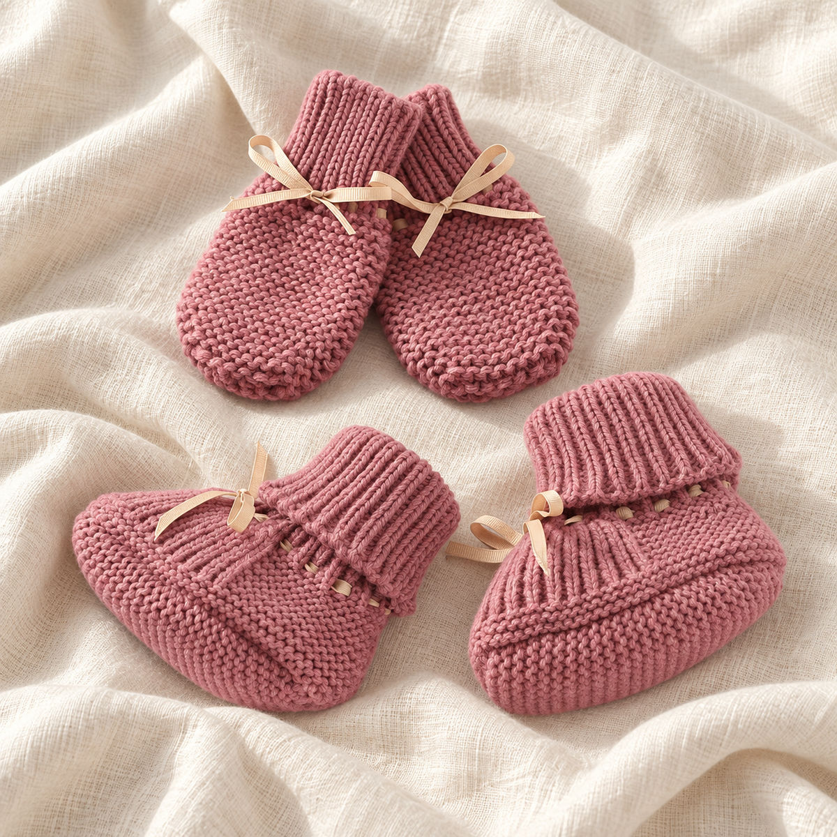 Knitted baby booties and mittens, Style 04, on ivory linen